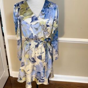 Floral Satin Wrap Dress – Long Sleeve Fit & Flare
